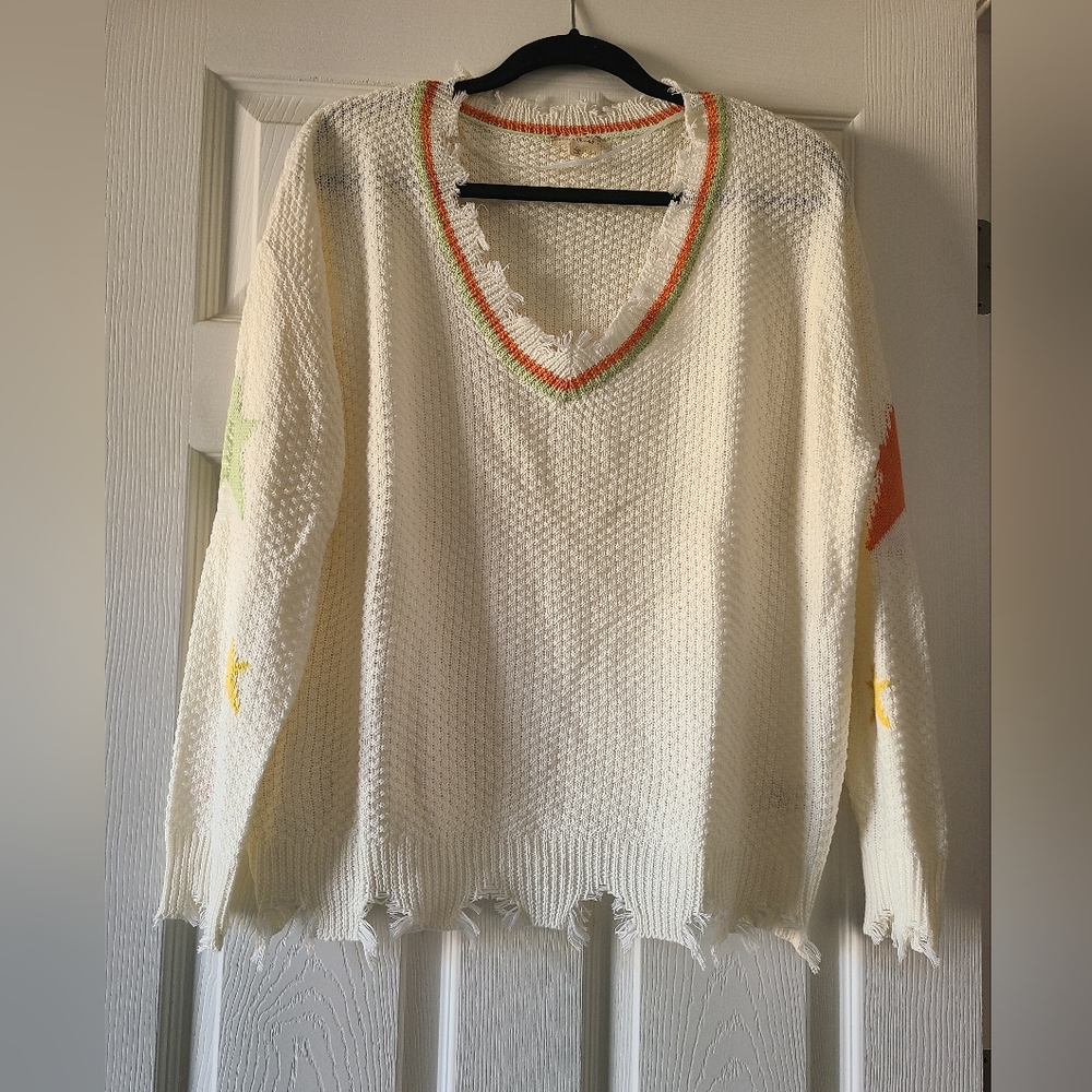 Women's Distressed Sweater w/ Stars on Sleeves